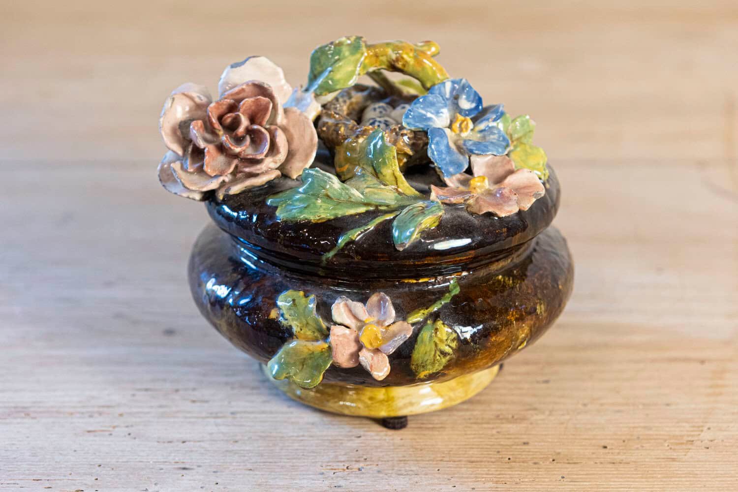 French 19th Century Barbotine Covered Bowl with Floral Décor and Bird's Nest - JAA