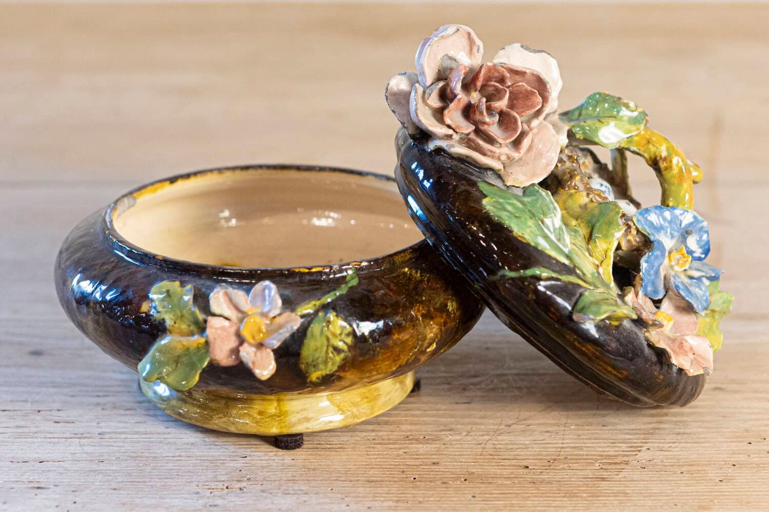 French 19th Century Barbotine Covered Bowl with Floral Décor and Bird's Nest - JAA