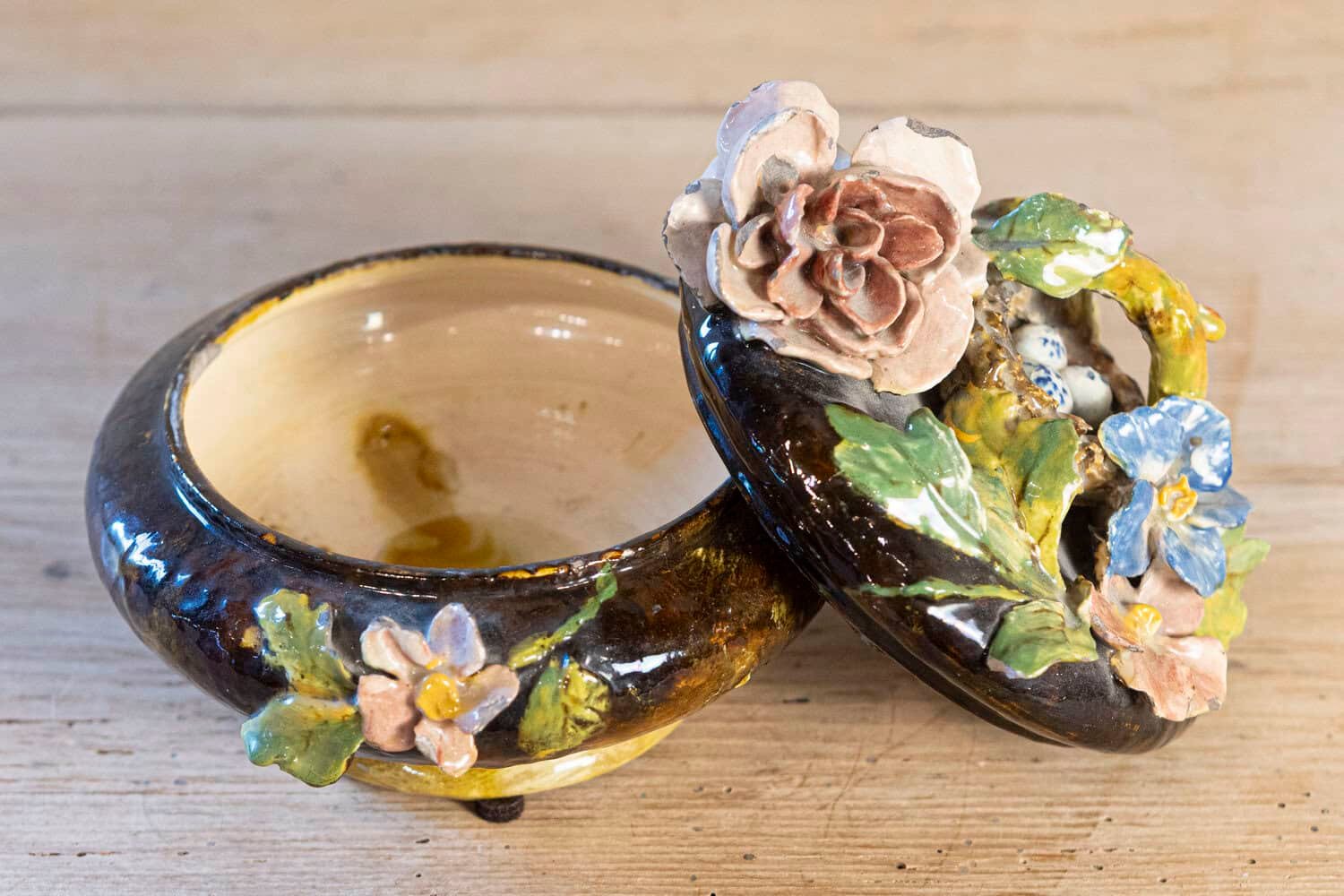 French 19th Century Barbotine Covered Bowl with Floral Décor and Bird's Nest - JAA