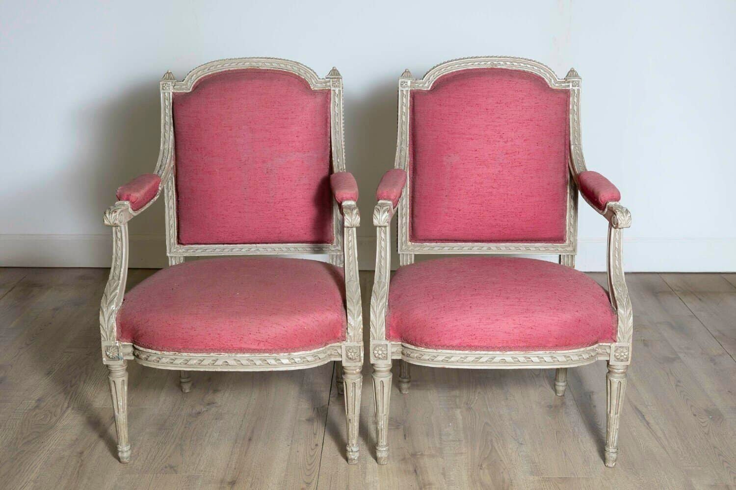 Two French Louis XVI Style Painted Armchairs with Richly Carved Décor, Sold Each - JAA