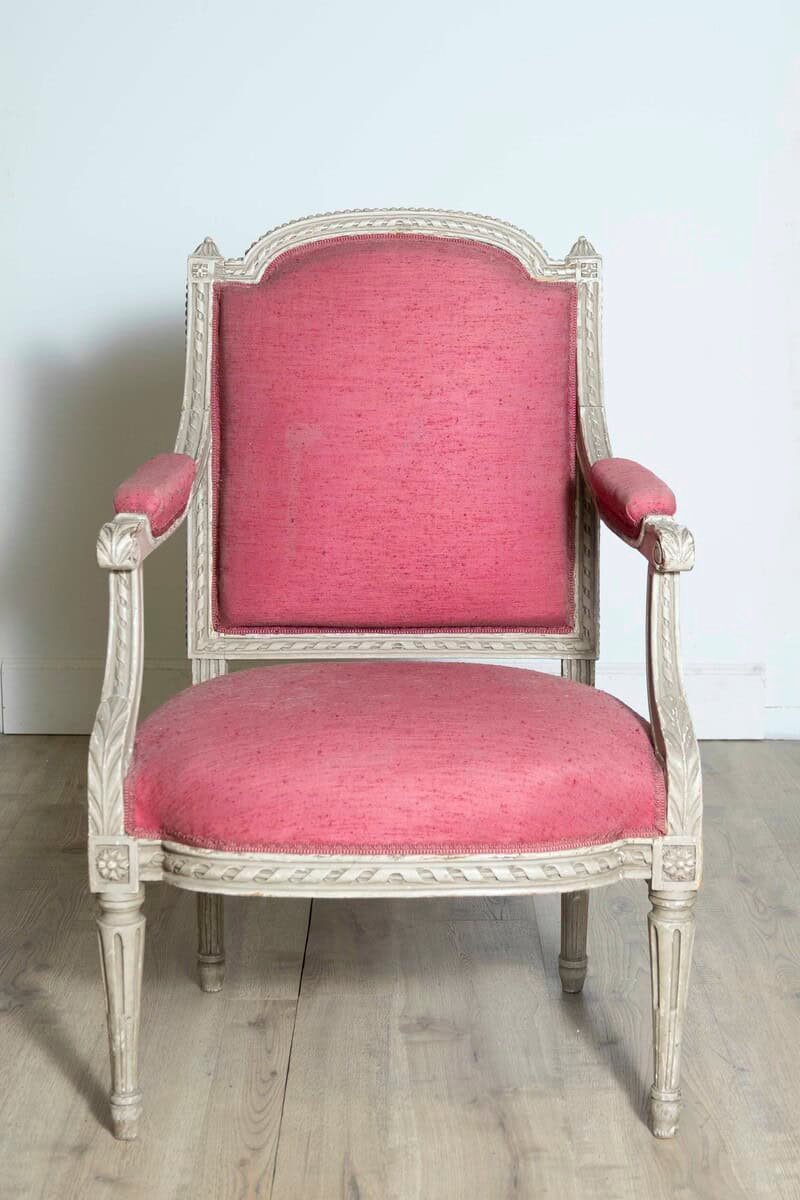 Two French Louis XVI Style Painted Armchairs with Richly Carved Décor, Sold Each - JAA