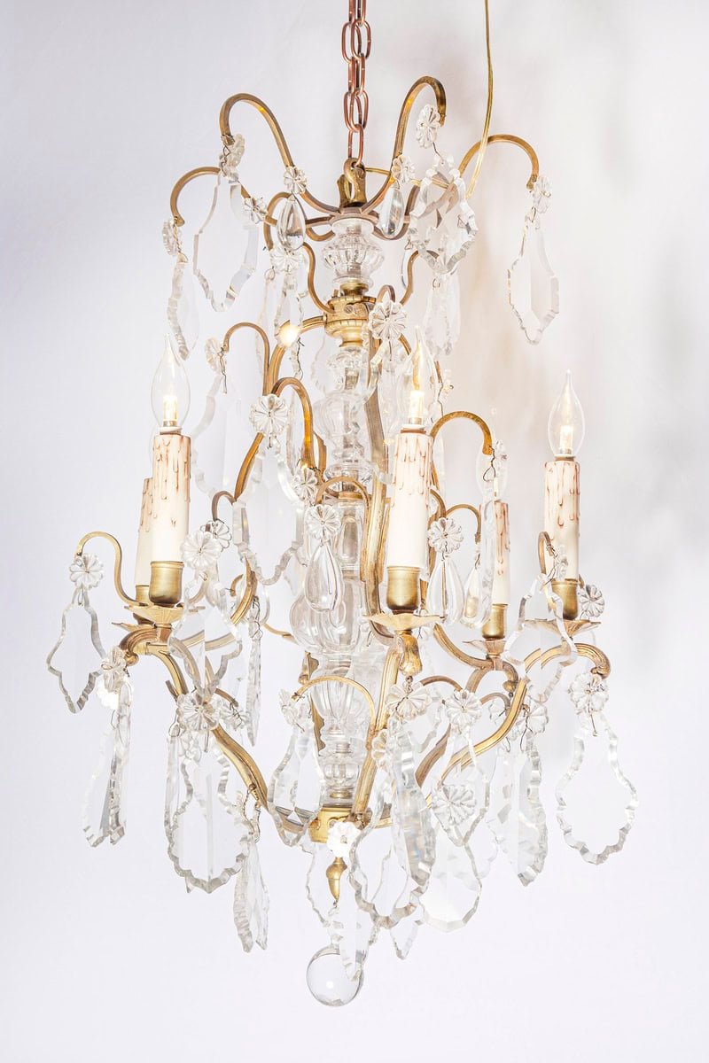 French 19th Century Six-Light Bronze and Crystal Chandelier with Scrolling Arms - JAA