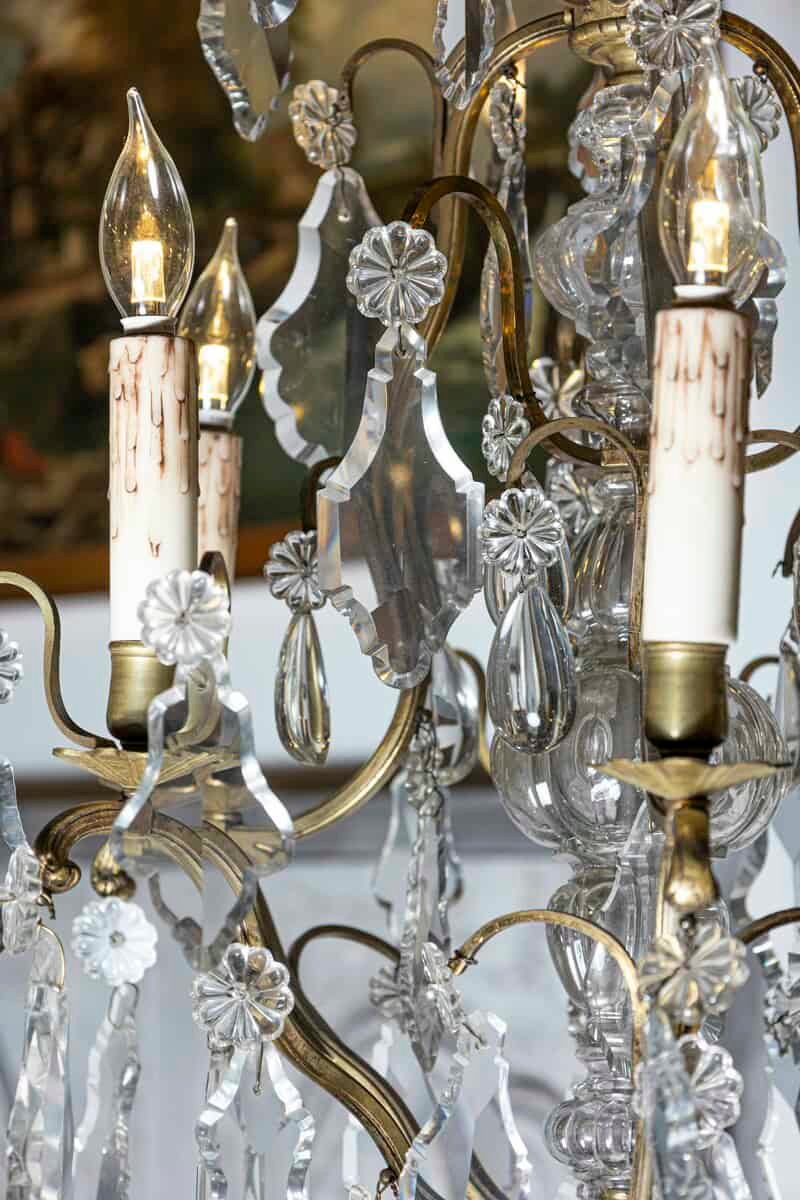 French 19th Century Six-Light Bronze and Crystal Chandelier with Scrolling Arms - JAA