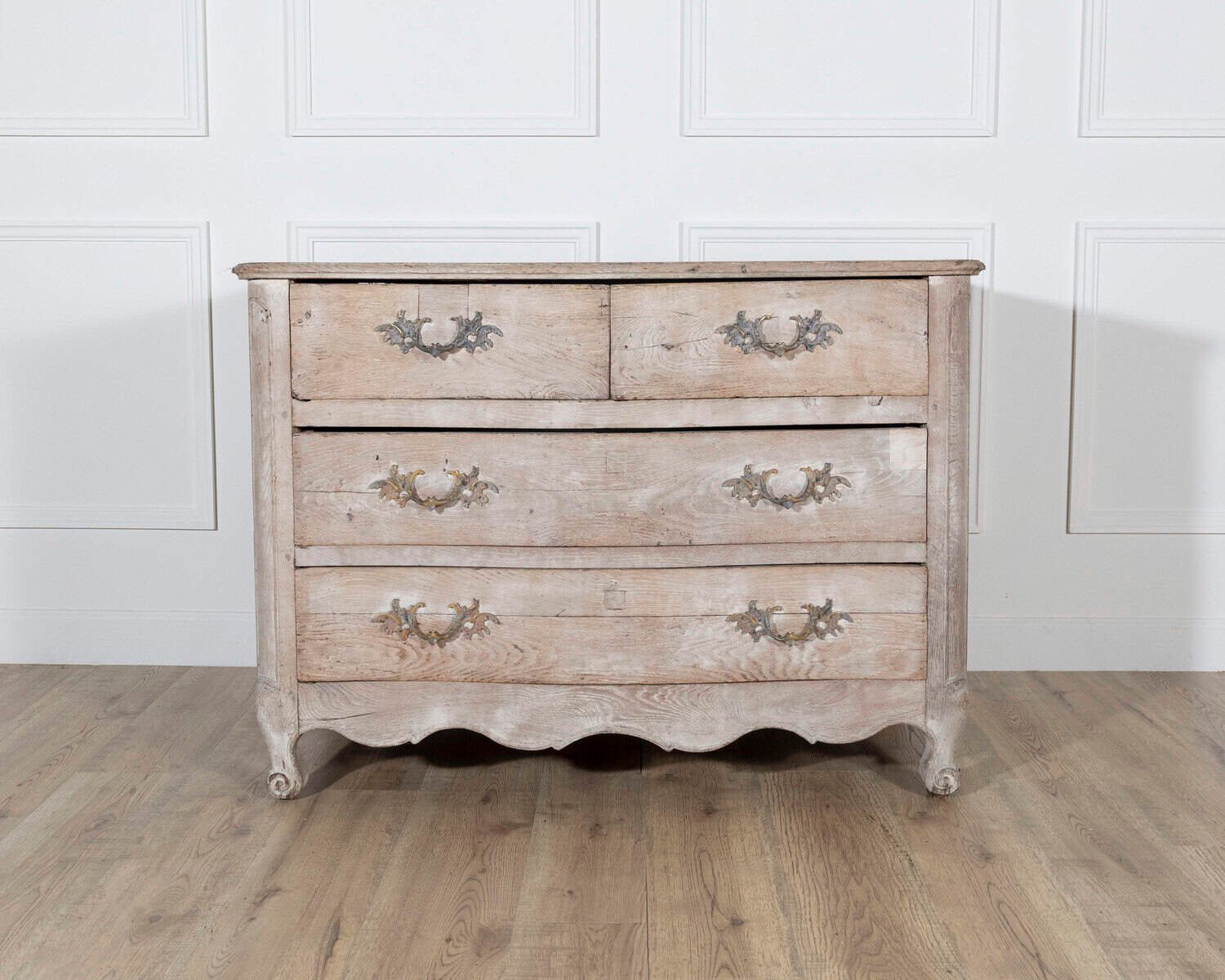 18th Century French Louis XV Bleached Oak Curved Commode with Parquet Top - JAA