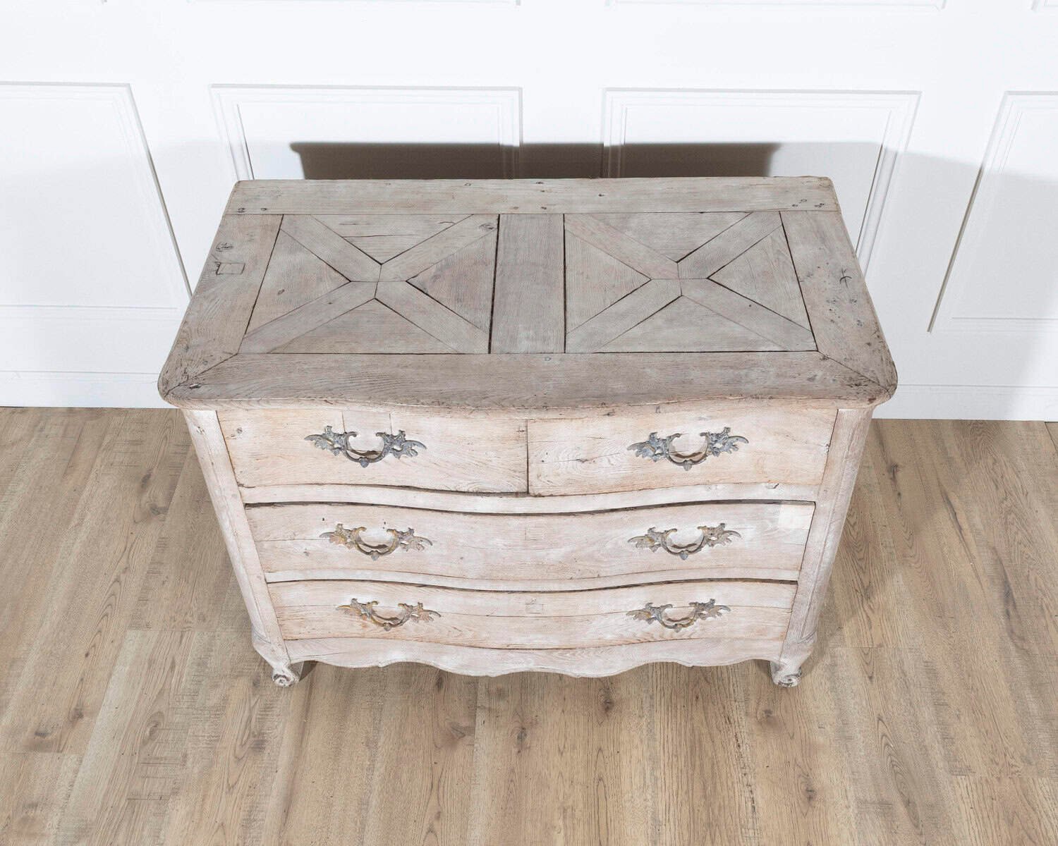 18th Century French Louis XV Bleached Oak Curved Commode with Parquet Top - JAA