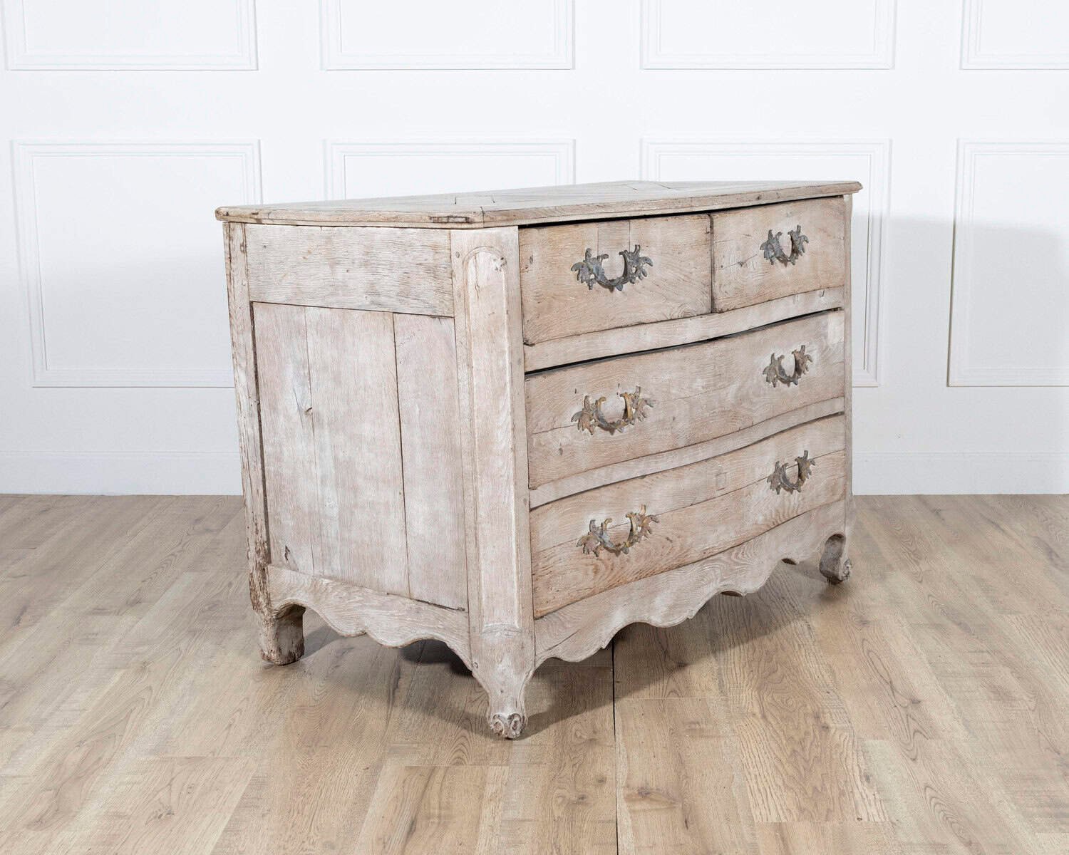 18th Century French Louis XV Bleached Oak Curved Commode with Parquet Top - JAA