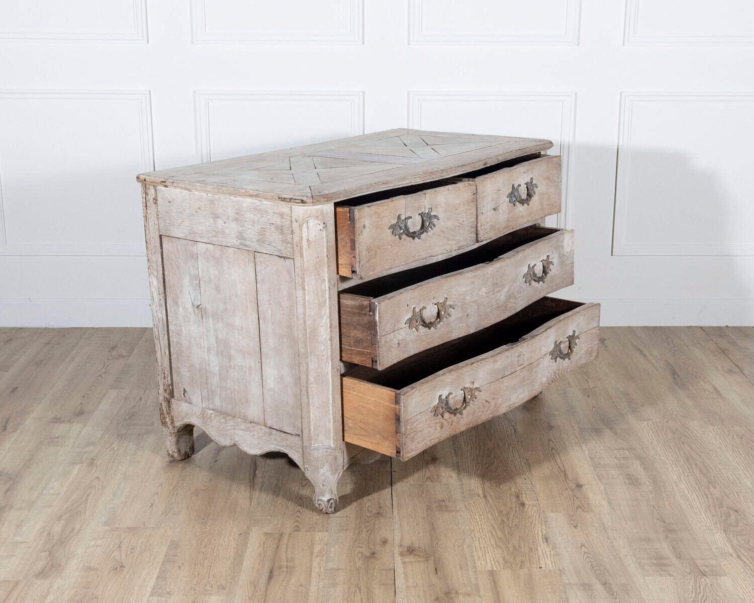 18th Century French Louis XV Bleached Oak Curved Commode with Parquet Top - JAA