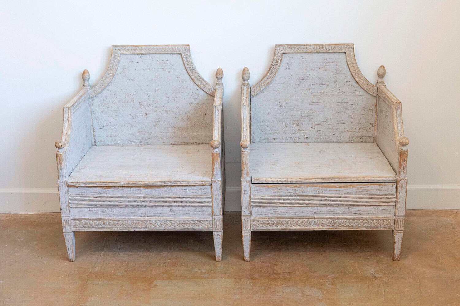 Neoclassical Style 1850s Gray Painted and Carved Armchairs with Guilloches, Pair - JAA
