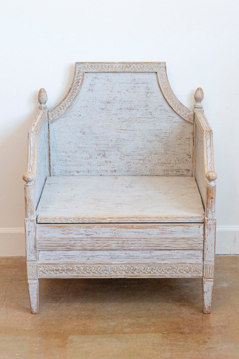 Neoclassical Style 1850s Gray Painted and Carved Armchairs with Guilloches, Pair - JAA