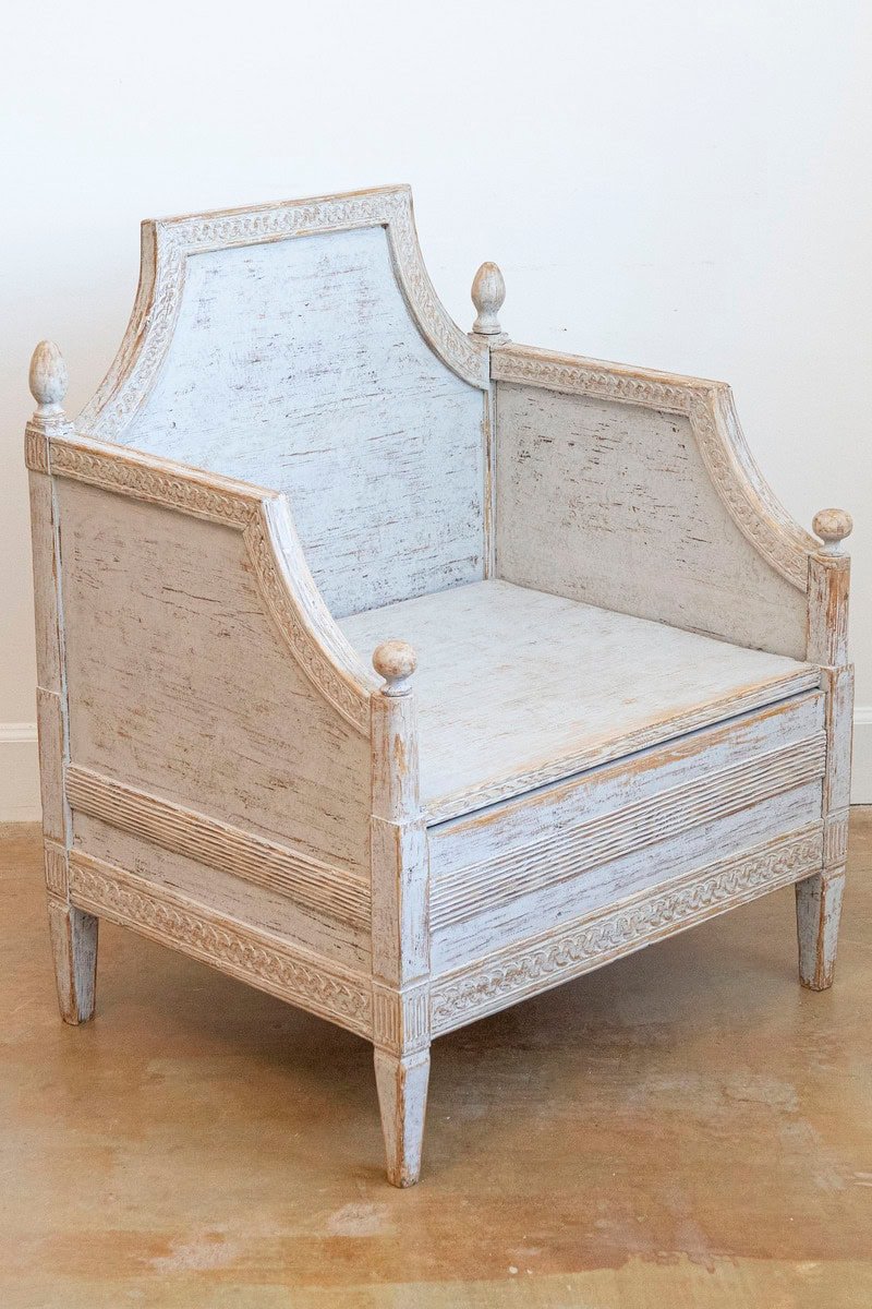 Neoclassical Style 1850s Gray Painted and Carved Armchairs with Guilloches, Pair - JAA