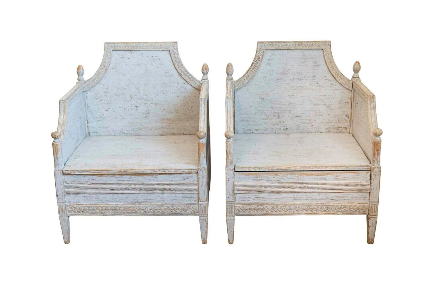 Neoclassical Style 1850s Gray Painted and Carved Armchairs with Guilloches, Pair