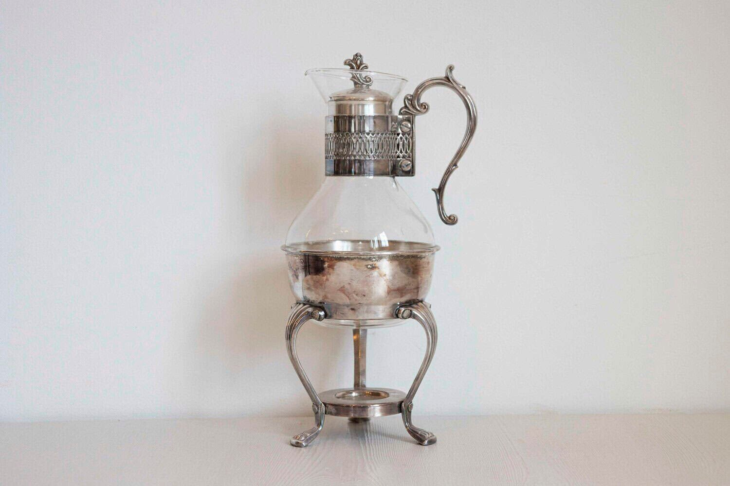 English 20th Century Glass and Silver Coffee Pitcher with Cabriole Legs - JAA