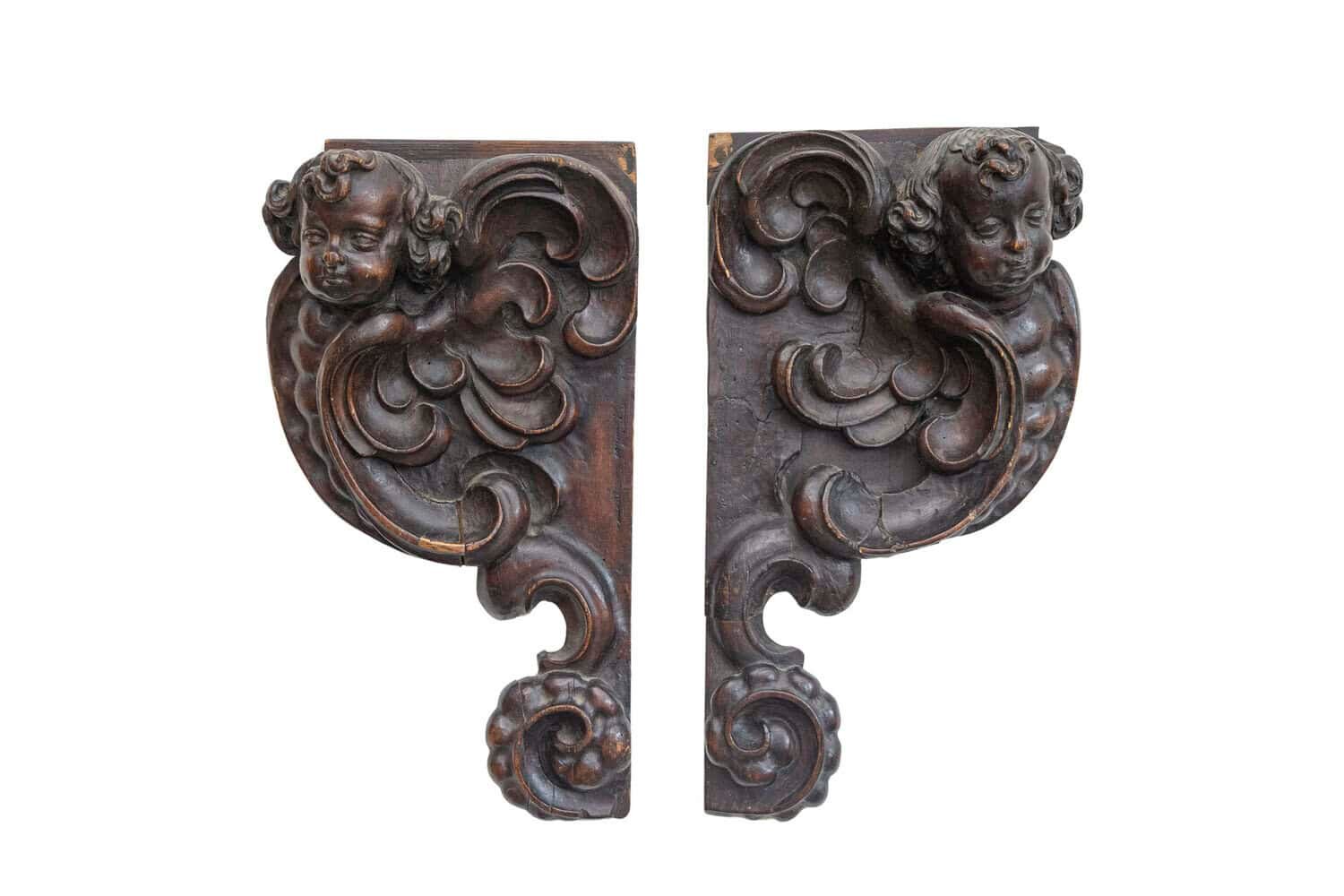 Pair of French Louis XIV Period 1690s Carved Cherub Appliques from Strasbourg - JAA