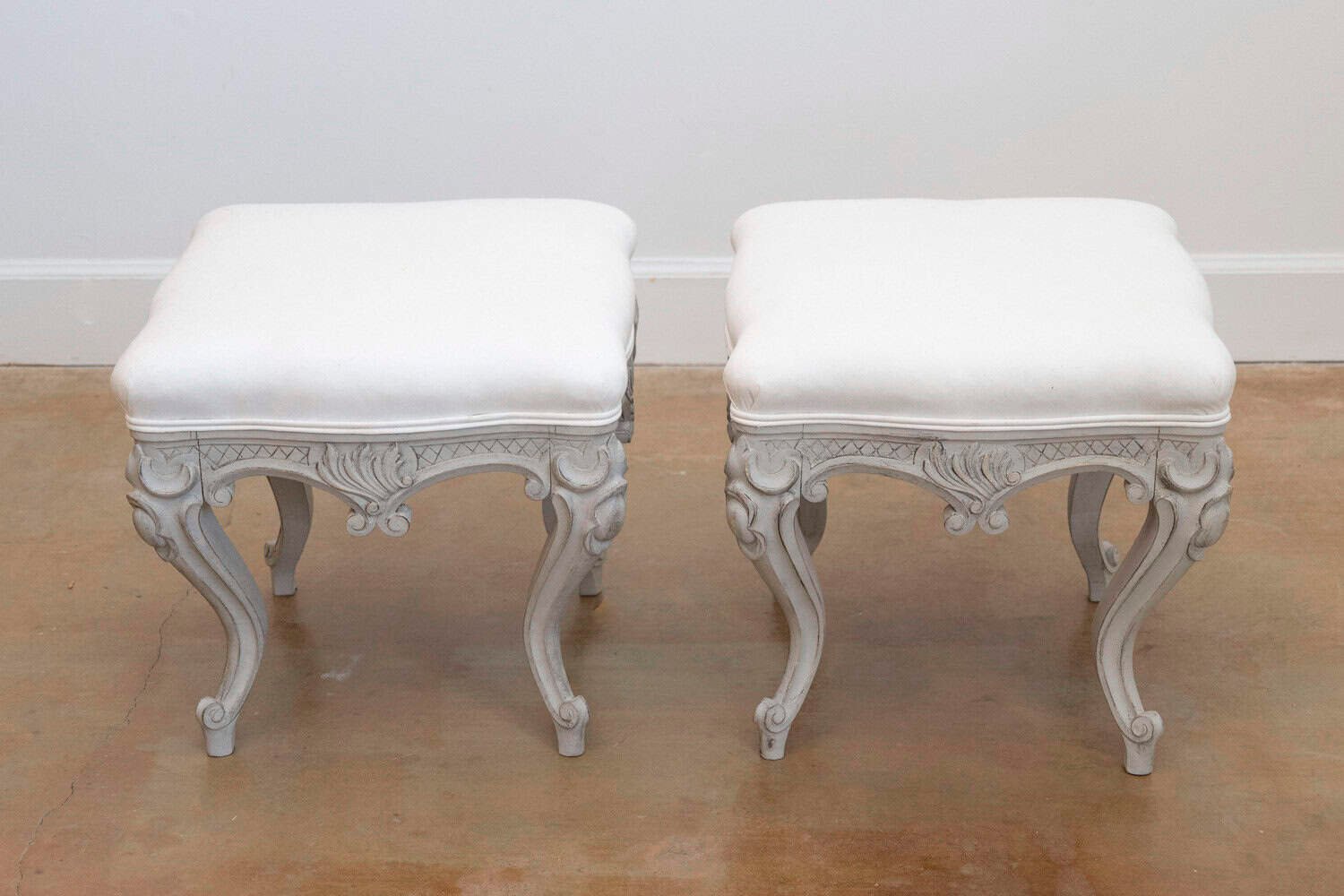 Pair of Swedish Rococo Style Carved Painted Upholstered Stools, circa 1890 - JAA