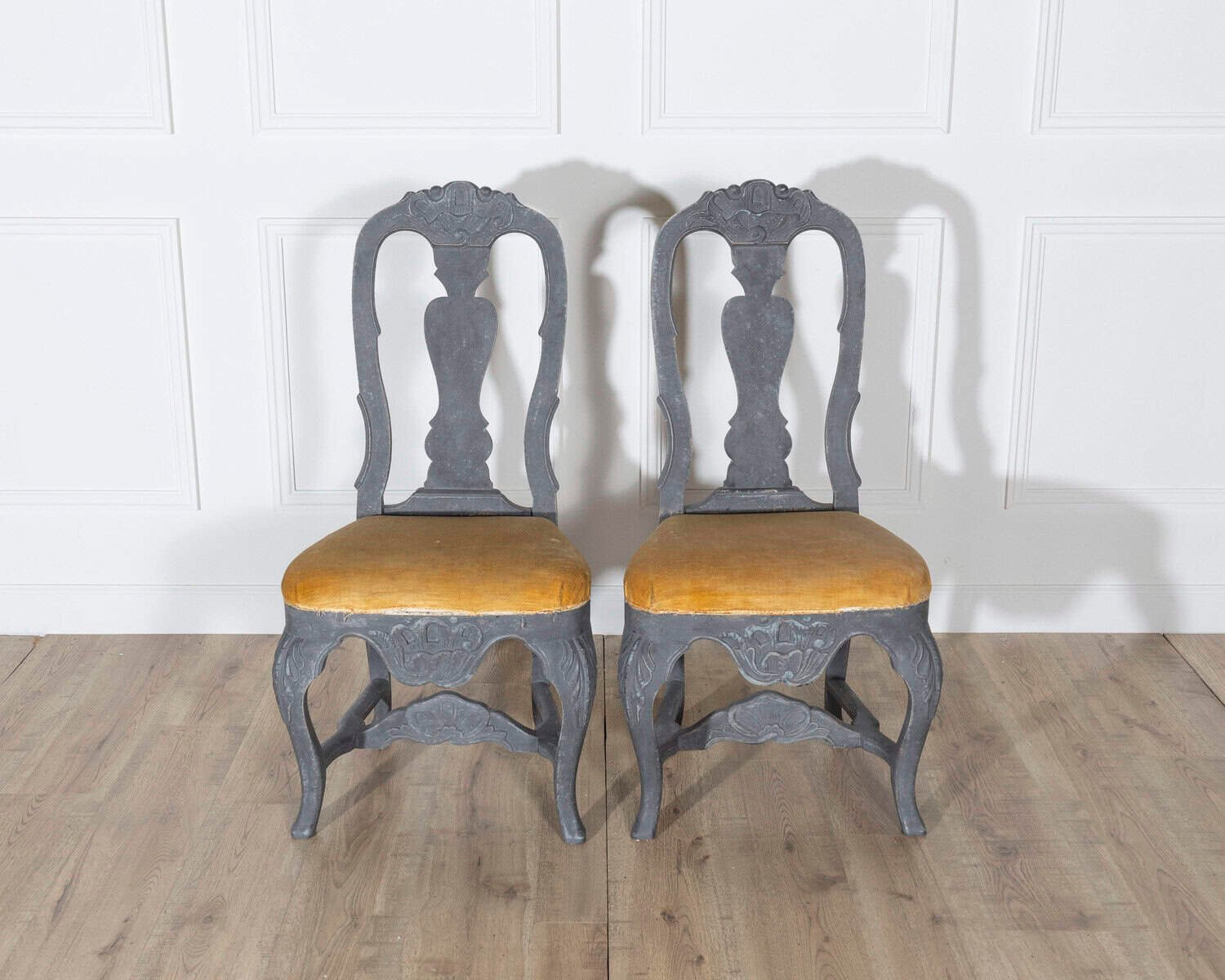 Fine Pair of 19th Century Swedish Rococo Chairs in Black Paint with Mustard Velvet Seats - JAA