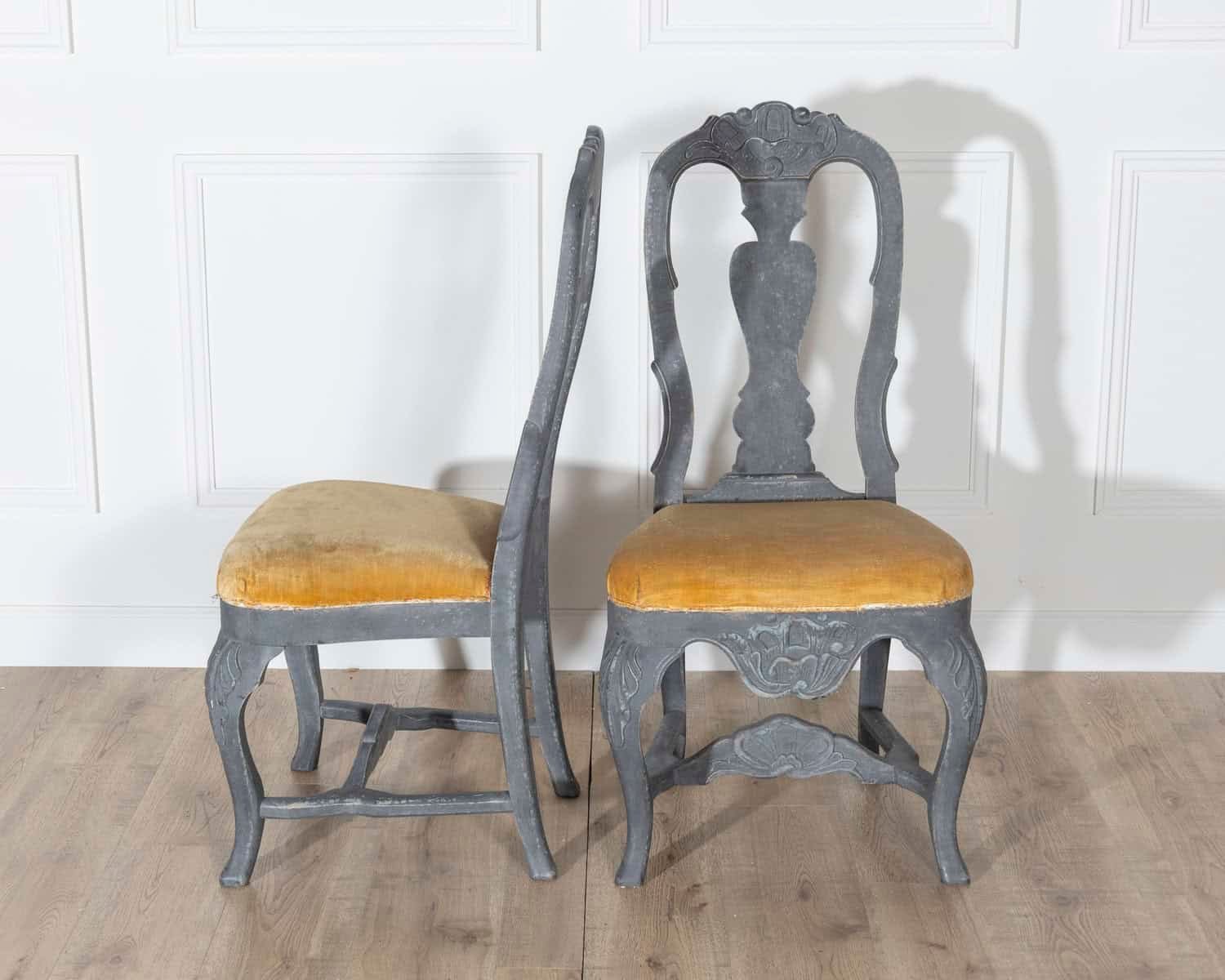 Fine Pair of 19th Century Swedish Rococo Chairs in Black Paint with Mustard Velvet Seats - JAA