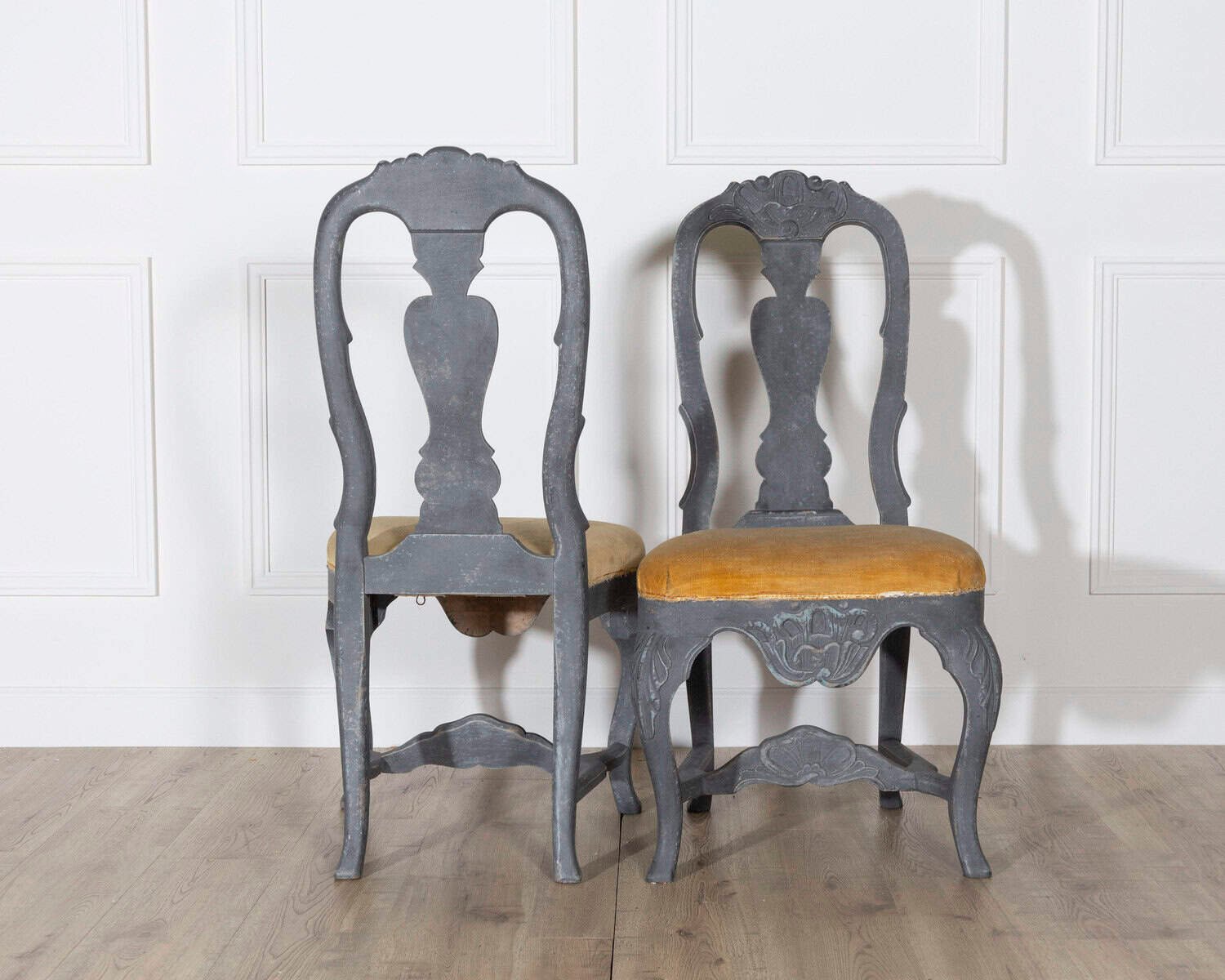 Fine Pair of 19th Century Swedish Rococo Chairs in Black Paint with Mustard Velvet Seats - JAA