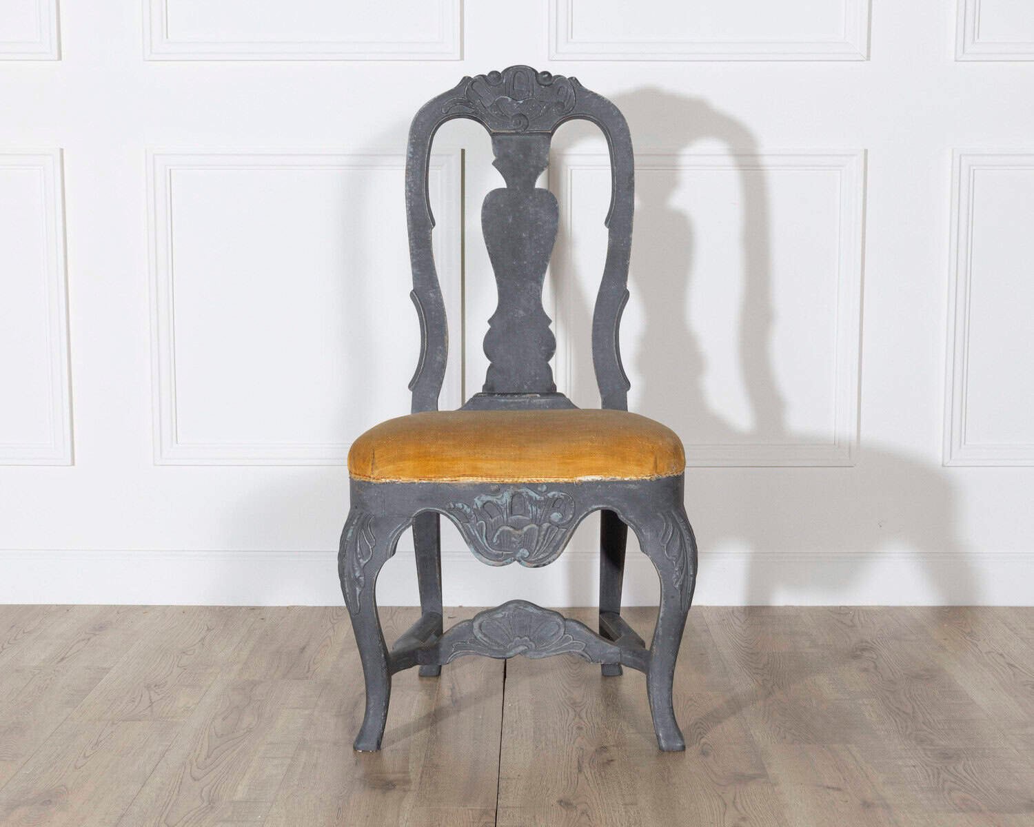 Fine Pair of 19th Century Swedish Rococo Chairs in Black Paint with Mustard Velvet Seats - JAA