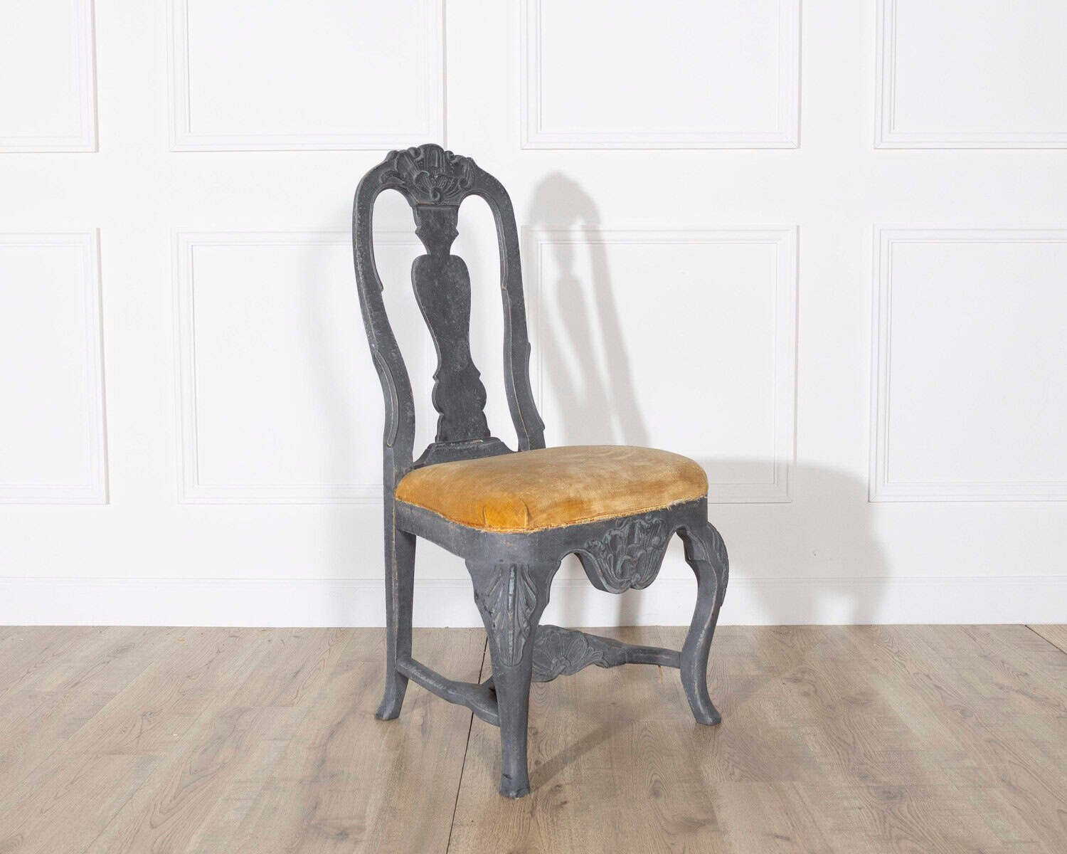 Fine Pair of 19th Century Swedish Rococo Chairs in Black Paint with Mustard Velvet Seats - JAA