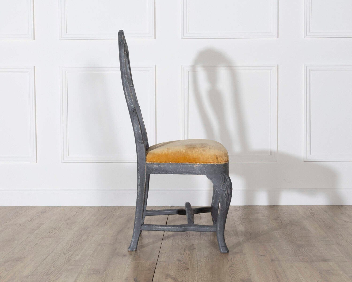 Fine Pair of 19th Century Swedish Rococo Chairs in Black Paint with Mustard Velvet Seats - JAA