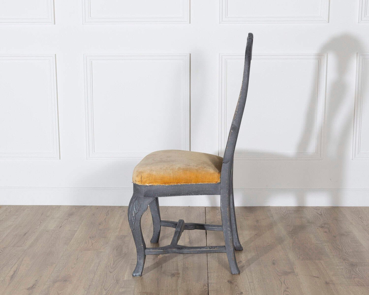 Fine Pair of 19th Century Swedish Rococo Chairs in Black Paint with Mustard Velvet Seats - JAA