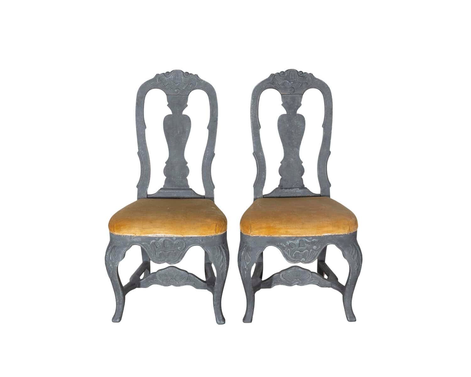 Fine Pair of 19th Century Swedish Rococo Chairs in Black Paint with Mustard Velvet Seats