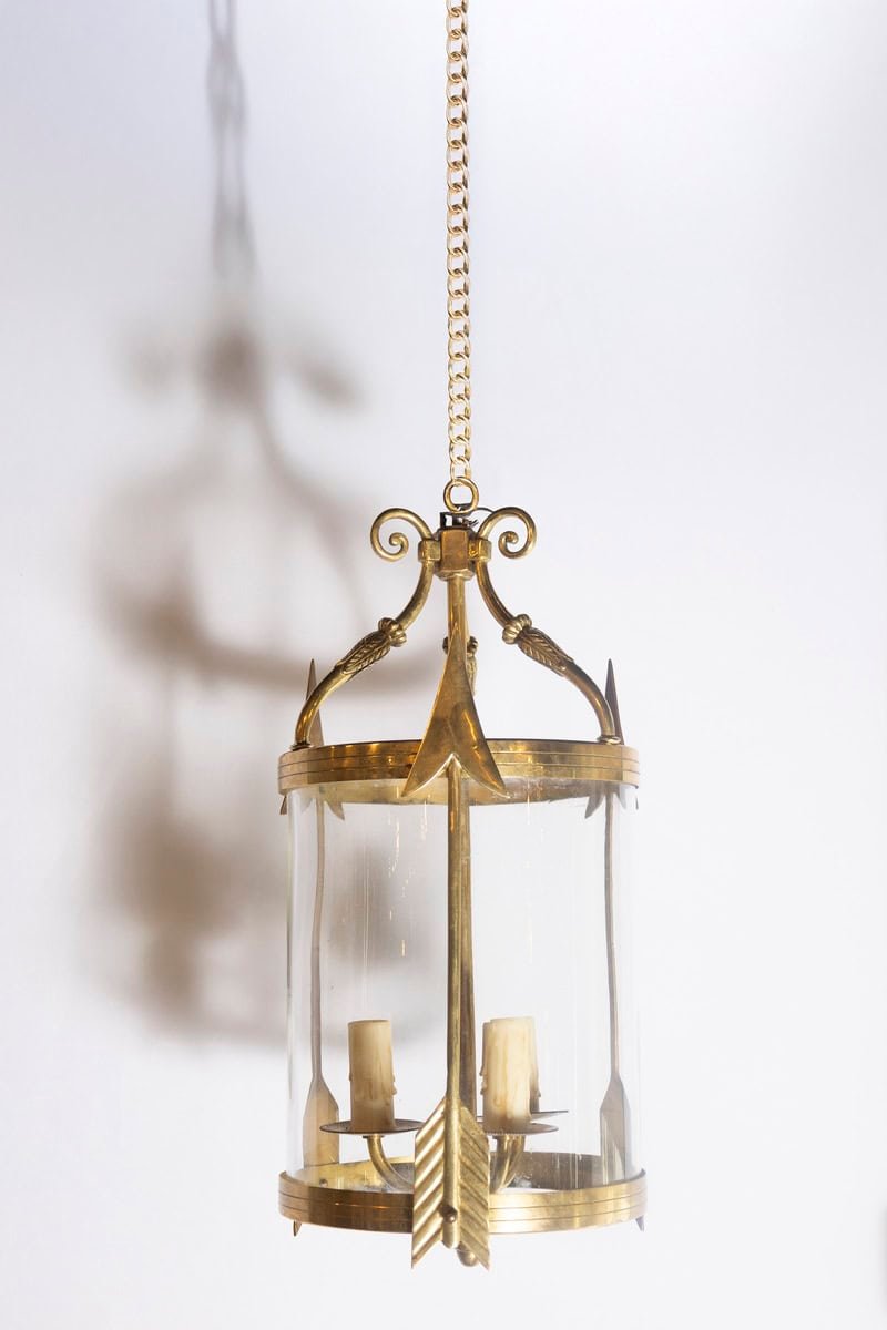 Pair of French Neoclassical Brass and Glass Lantern Chandeliers, circa 1940 - JAA