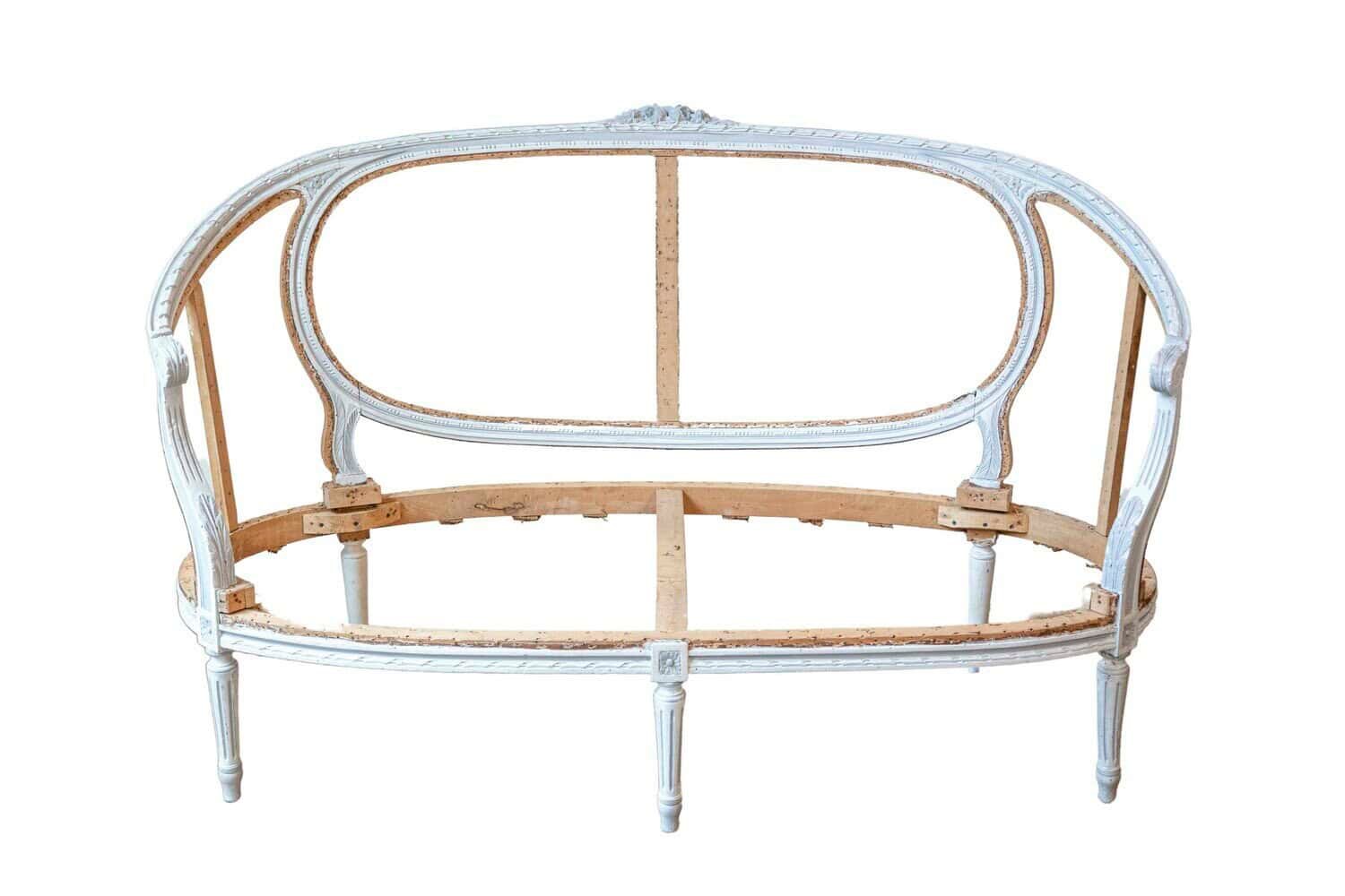 French Louis XVI Style 1900s Light Blue Canapé en Corbeille with Carved Motifs - JAA