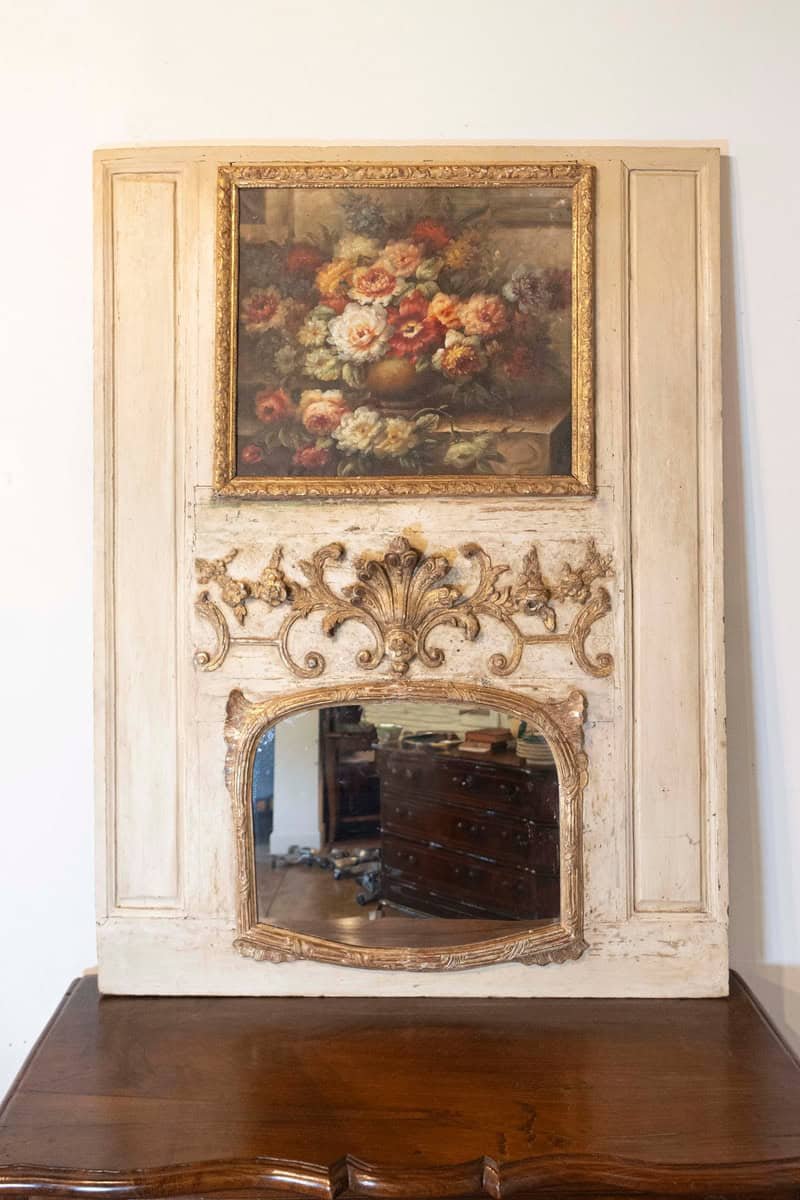 French Louis XV Trumeau Mirror with Original Oil Painting and Carved Gilt Motifs - JAA