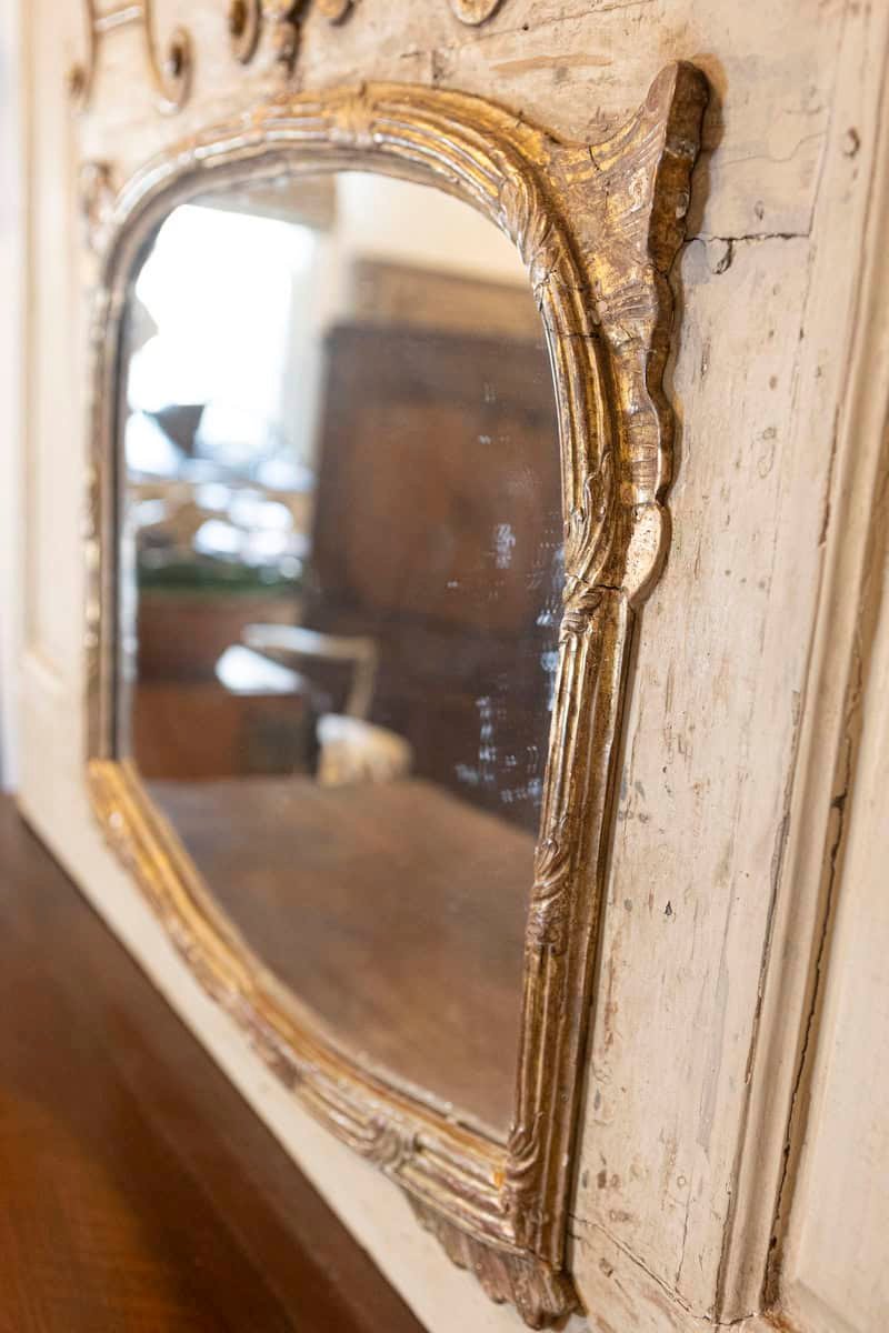 French Louis XV Trumeau Mirror with Original Oil Painting and Carved Gilt Motifs - JAA