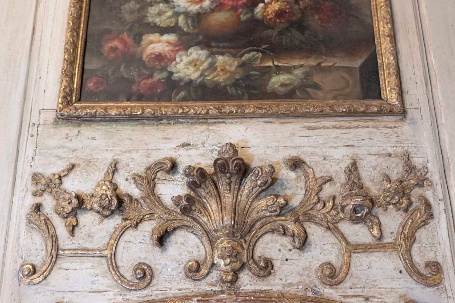 French Louis XV Trumeau Mirror with Original Oil Painting and Carved Gilt Motifs - JAA