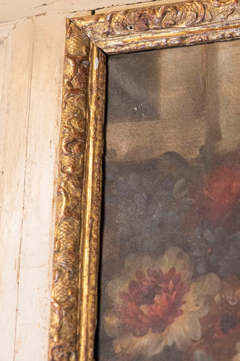 French Louis XV Trumeau Mirror with Original Oil Painting and Carved Gilt Motifs - JAA