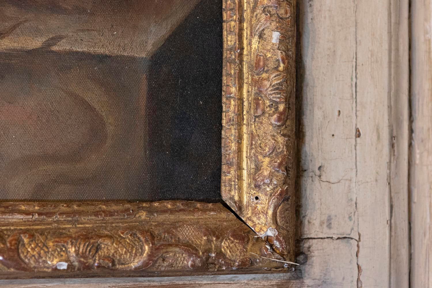 French Louis XV Trumeau Mirror with Original Oil Painting and Carved Gilt Motifs - JAA