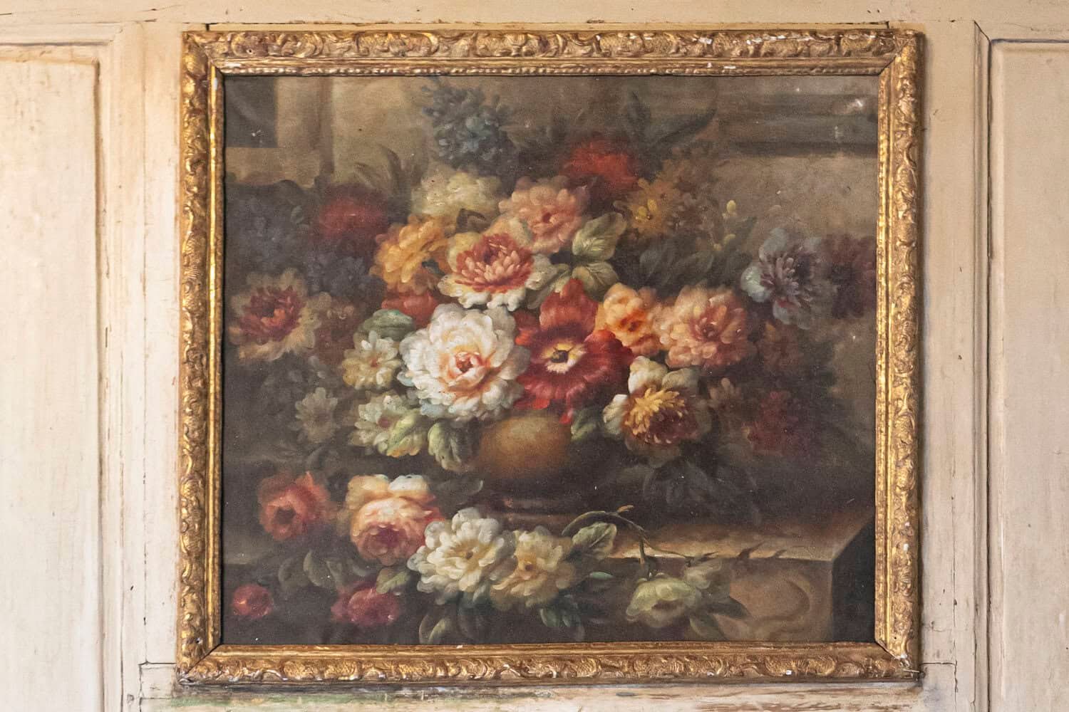 French Louis XV Trumeau Mirror with Original Oil Painting and Carved Gilt Motifs - JAA