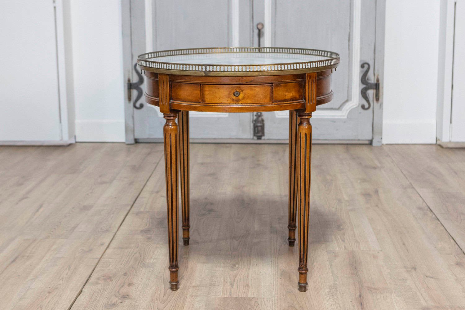 French Louis XVI Style Walnut Bouillotte Table with Marble Top and Brass Gallery - JAA
