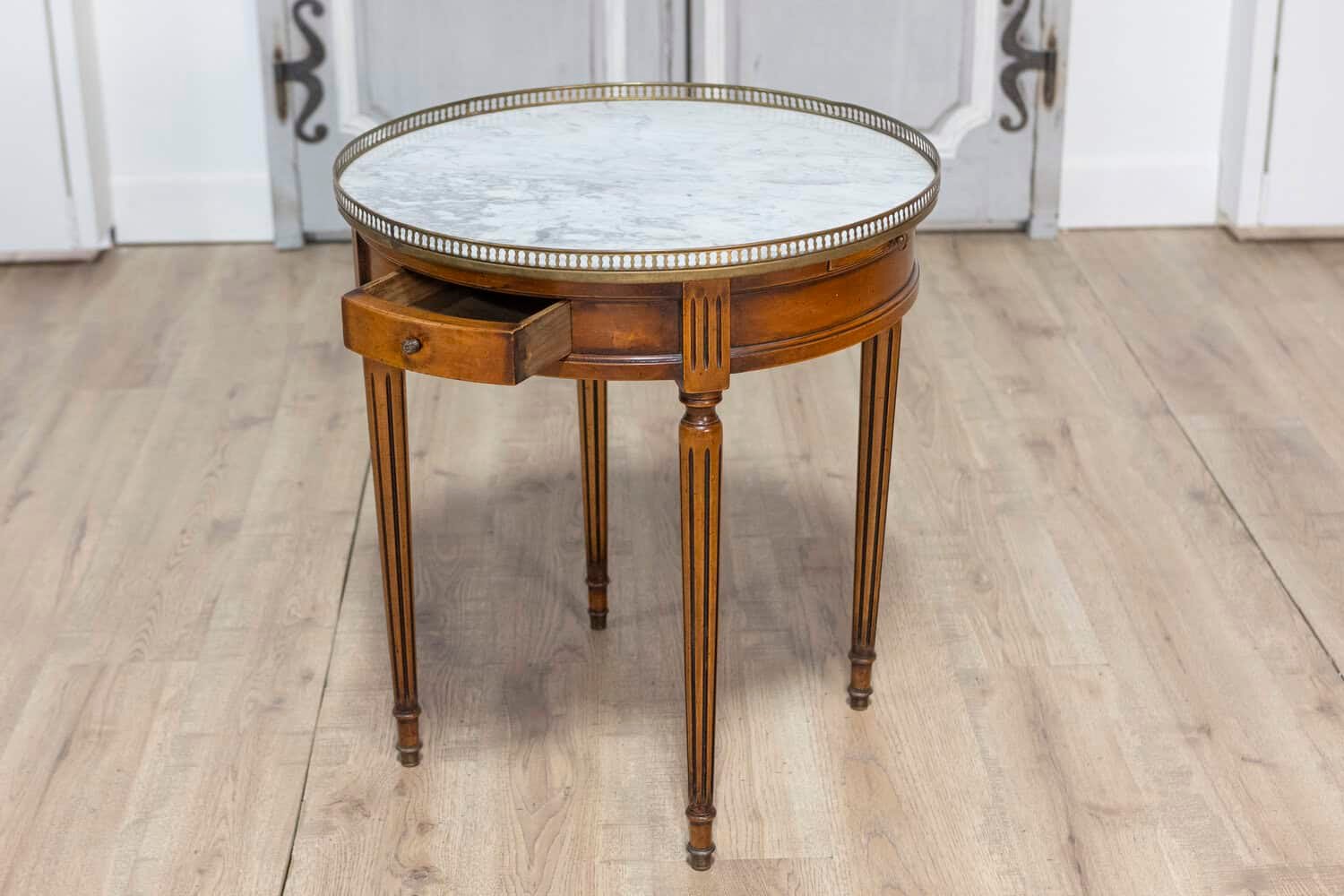 French Louis XVI Style Walnut Bouillotte Table with Marble Top and Brass Gallery - JAA