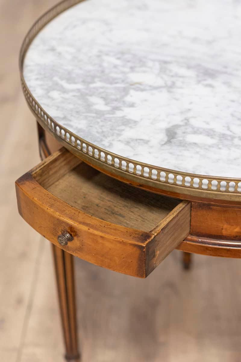 French Louis XVI Style Walnut Bouillotte Table with Marble Top and Brass Gallery - JAA