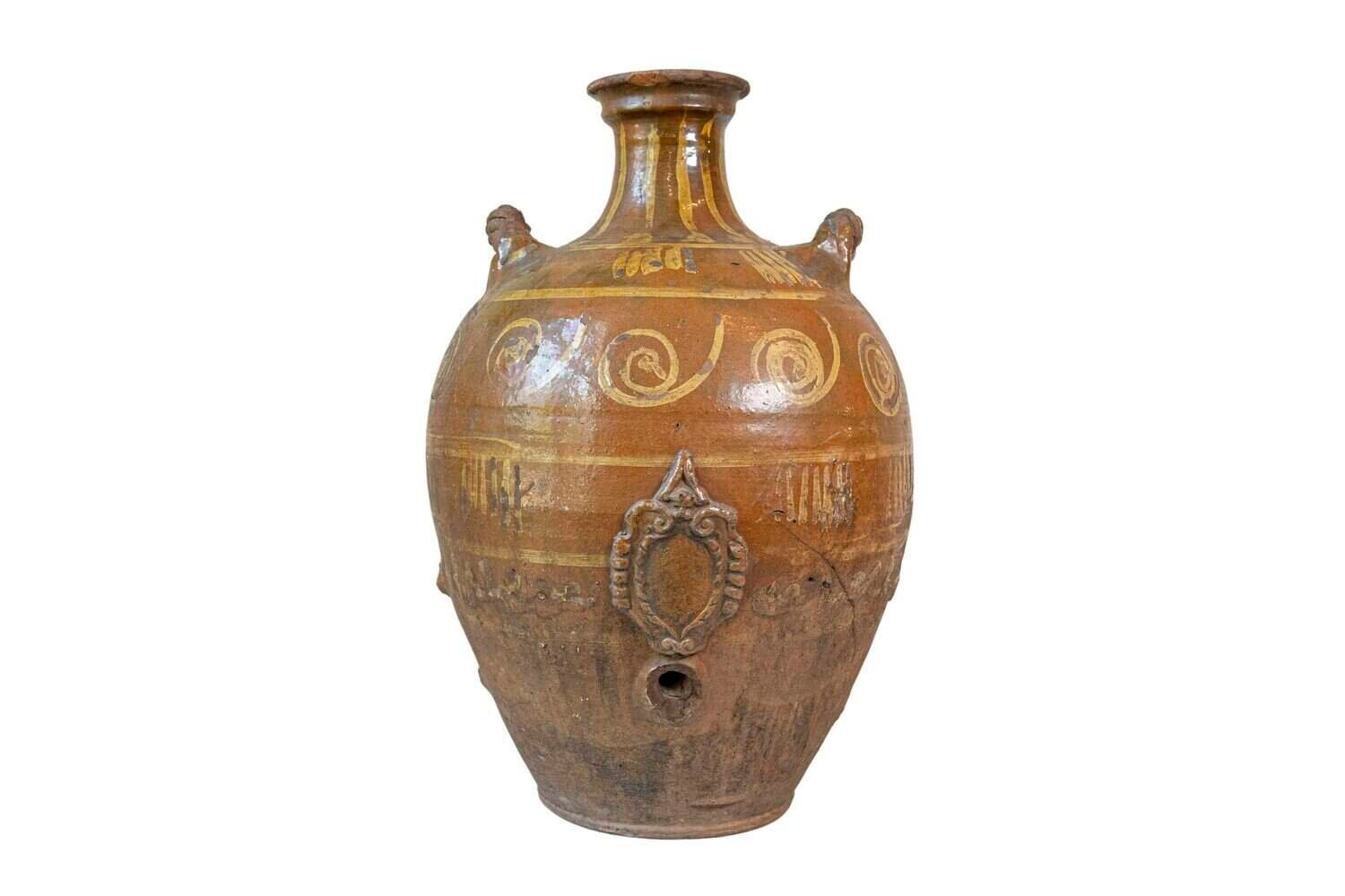 Italian 17th Century Terracotta Olive Oil Jar with Yellow Glazed Spiraling Décor - JAA
