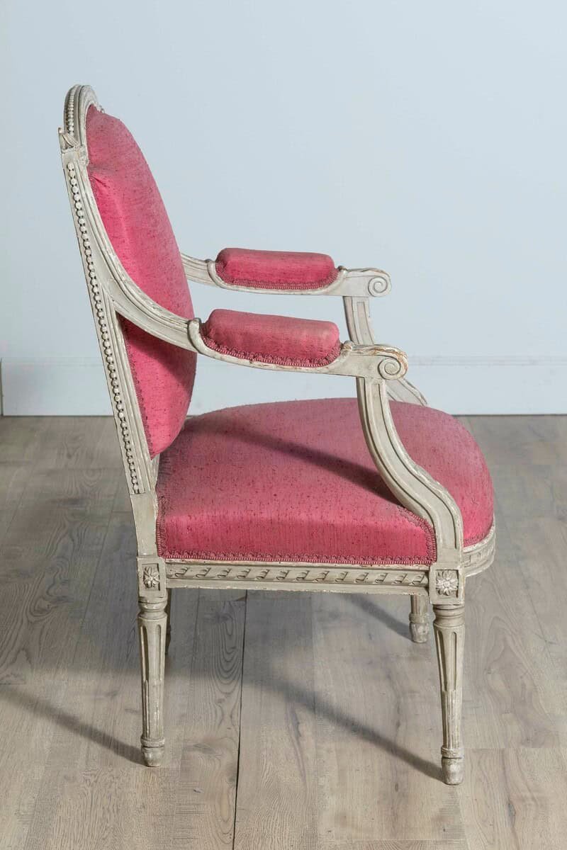 French Louis XVI Style 19th Century Painted Fauteuil with Abundant Carved Décor - JAA