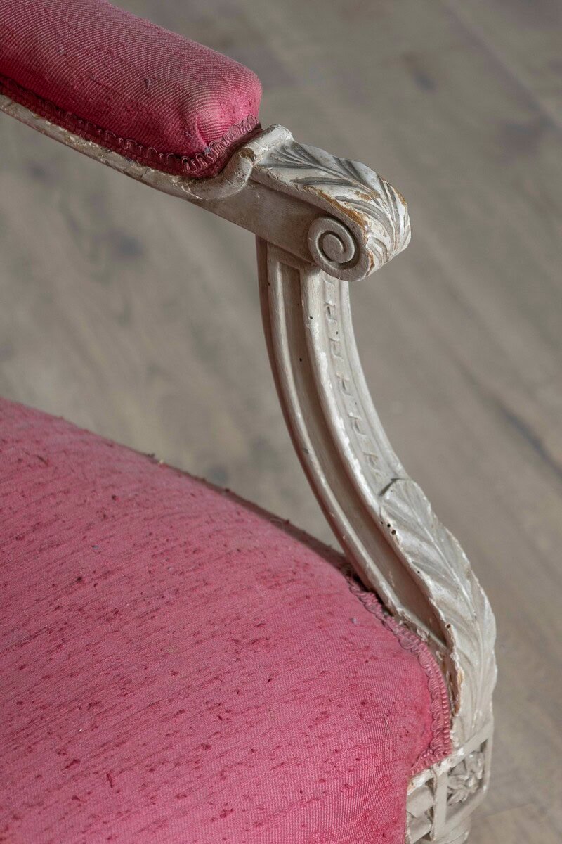 French Louis XVI Style 19th Century Painted Fauteuil with Abundant Carved Décor - JAA