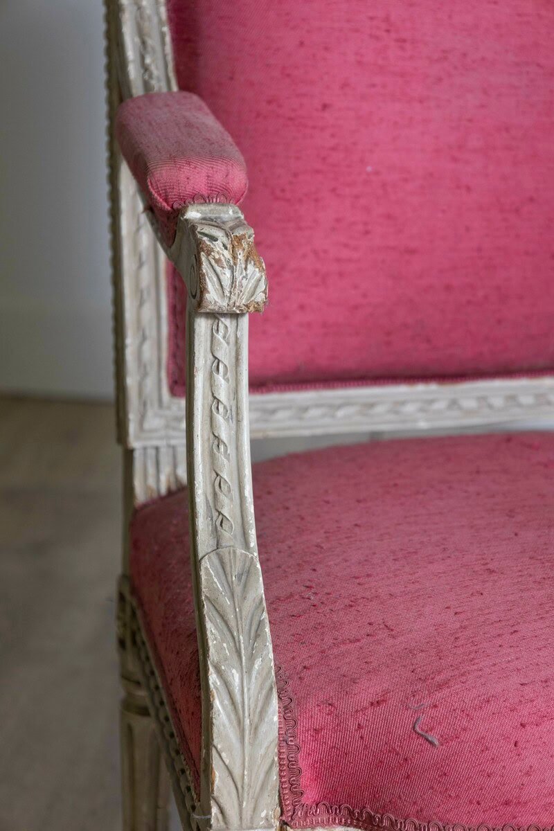 French Louis XVI Style 19th Century Painted Fauteuil with Abundant Carved Décor - JAA