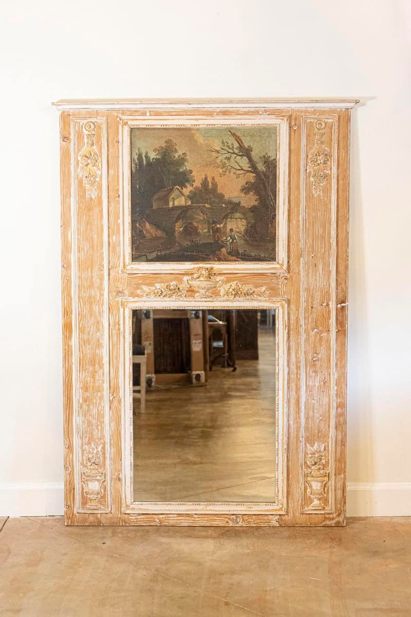 French Louis XVI 1790s Trumeau Mirror with Original Painting and Gilt Details - JAA