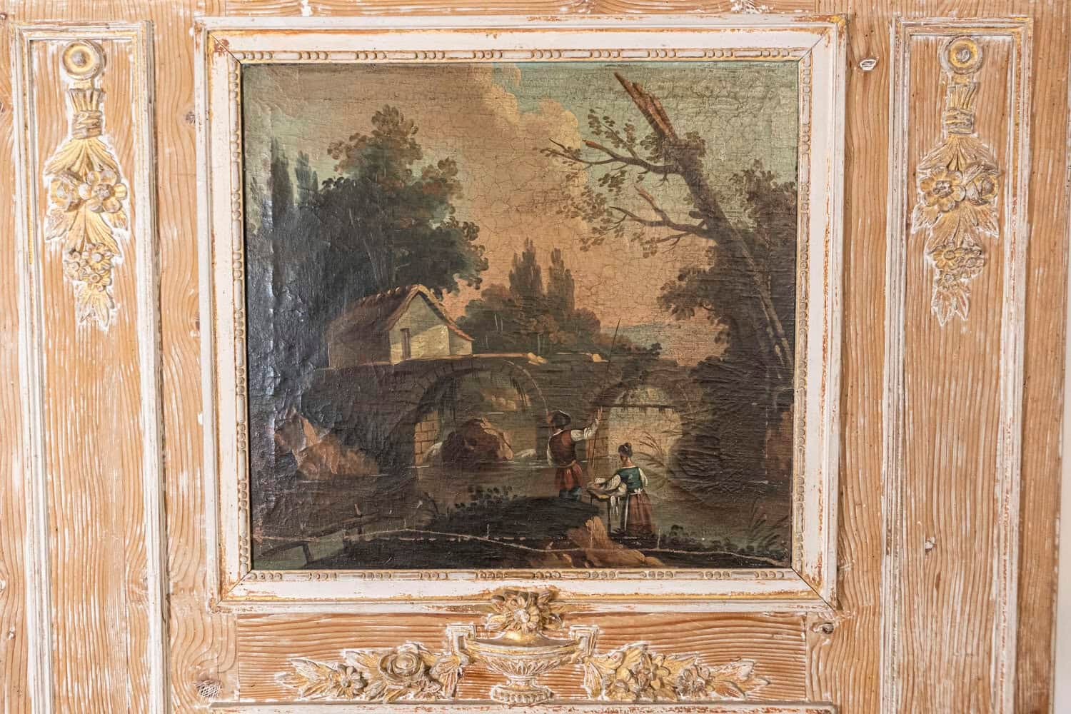 French Louis XVI 1790s Trumeau Mirror with Original Painting and Gilt Details - JAA