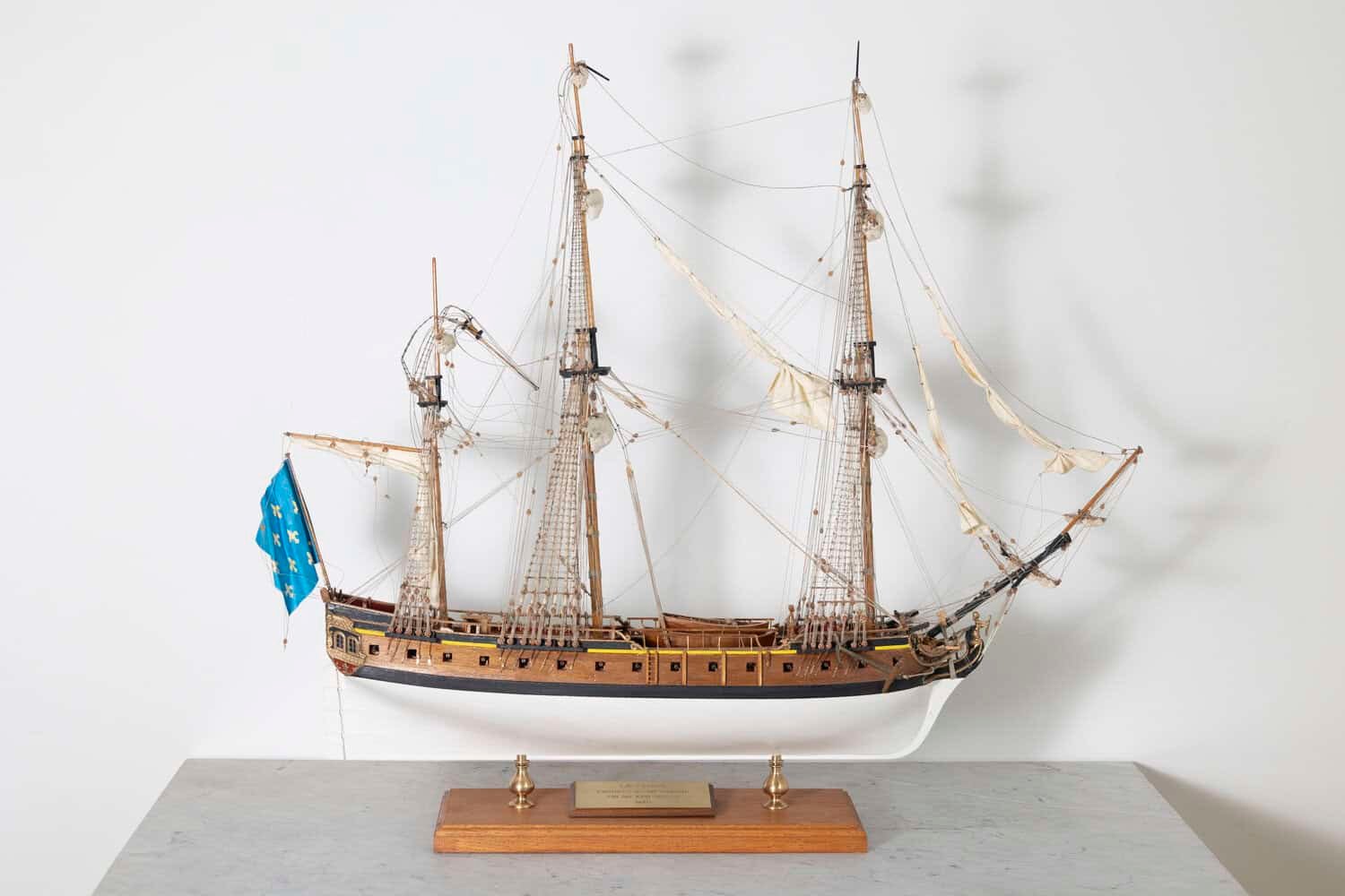 French 20th Century Hand-Crafted Three-Masted Sailing Ship Model with Full Rigging and Tricolor Flag on Wooden Base - JAA