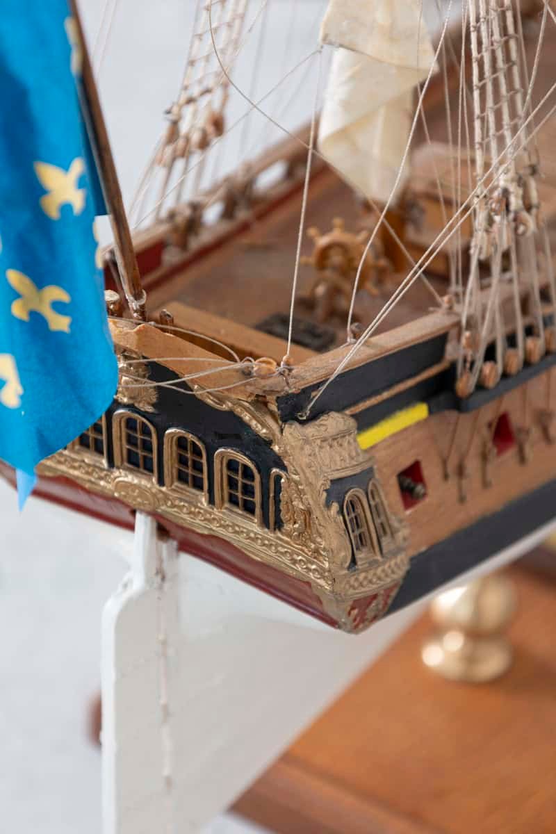 French 20th Century Hand-Crafted Three-Masted Sailing Ship Model with Full Rigging and Tricolor Flag on Wooden Base - JAA