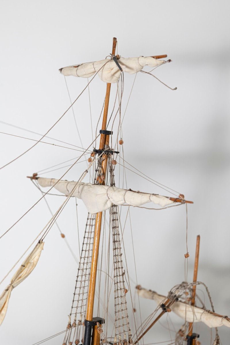 French 20th Century Hand-Crafted Three-Masted Sailing Ship Model with Full Rigging and Tricolor Flag on Wooden Base - JAA