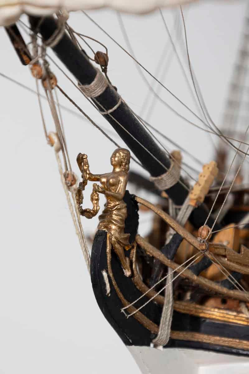 French 20th Century Hand-Crafted Three-Masted Sailing Ship Model with Full Rigging and Tricolor Flag on Wooden Base - JAA