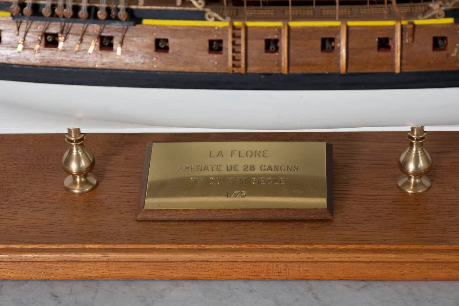 French 20th Century Hand-Crafted Three-Masted Sailing Ship Model with Full Rigging and Tricolor Flag on Wooden Base - JAA