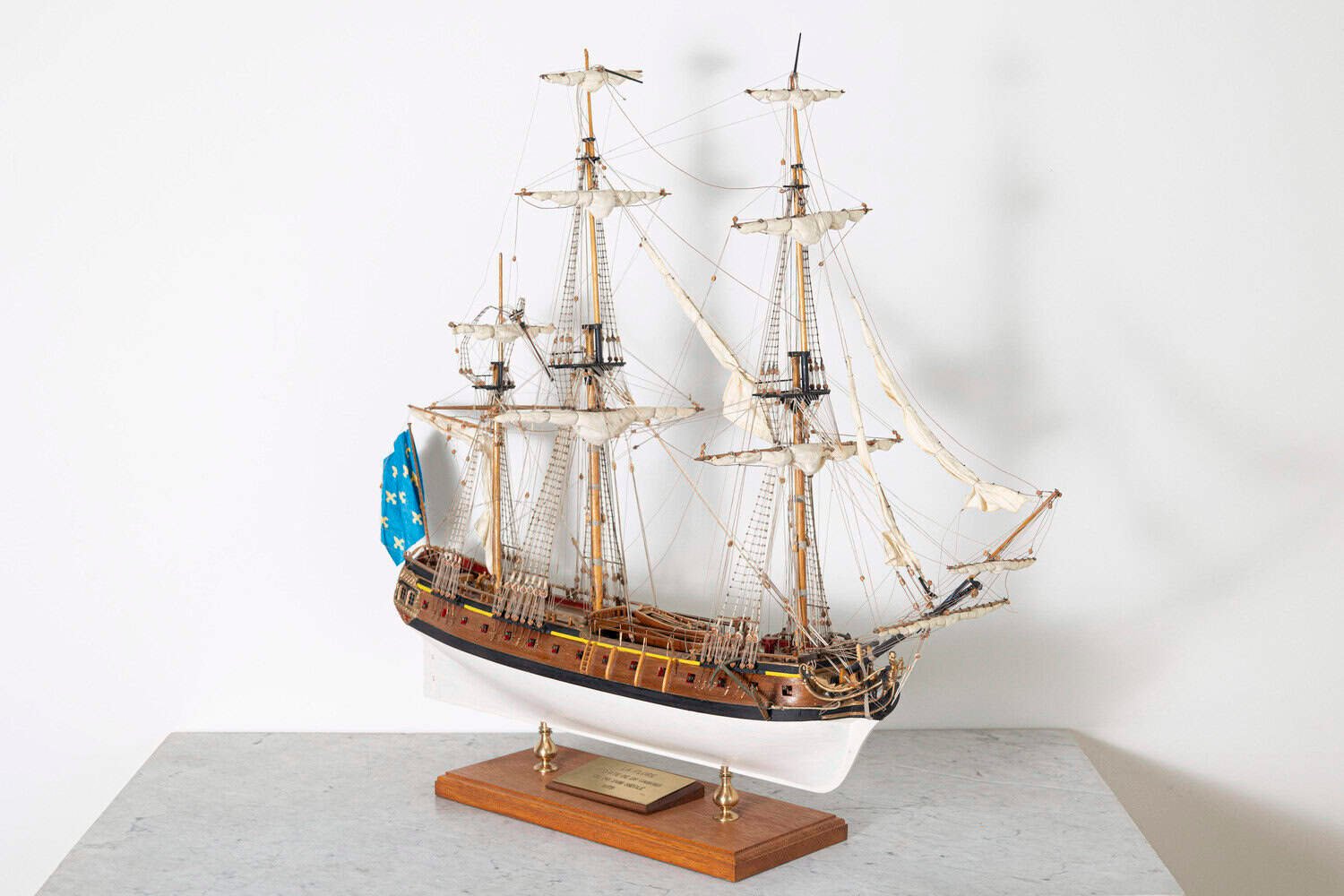 French 20th Century Hand-Crafted Three-Masted Sailing Ship Model with Full Rigging and Tricolor Flag on Wooden Base - JAA