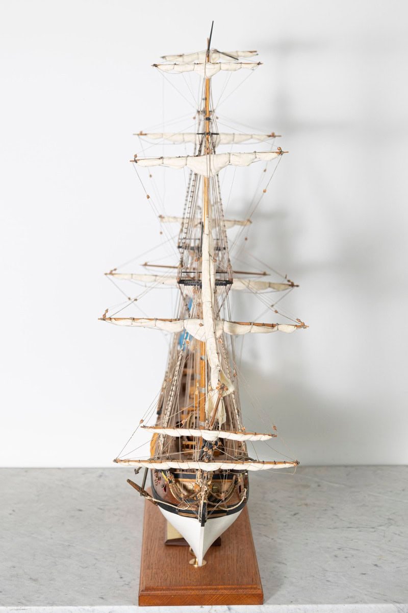 French 20th Century Hand-Crafted Three-Masted Sailing Ship Model with Full Rigging and Tricolor Flag on Wooden Base - JAA